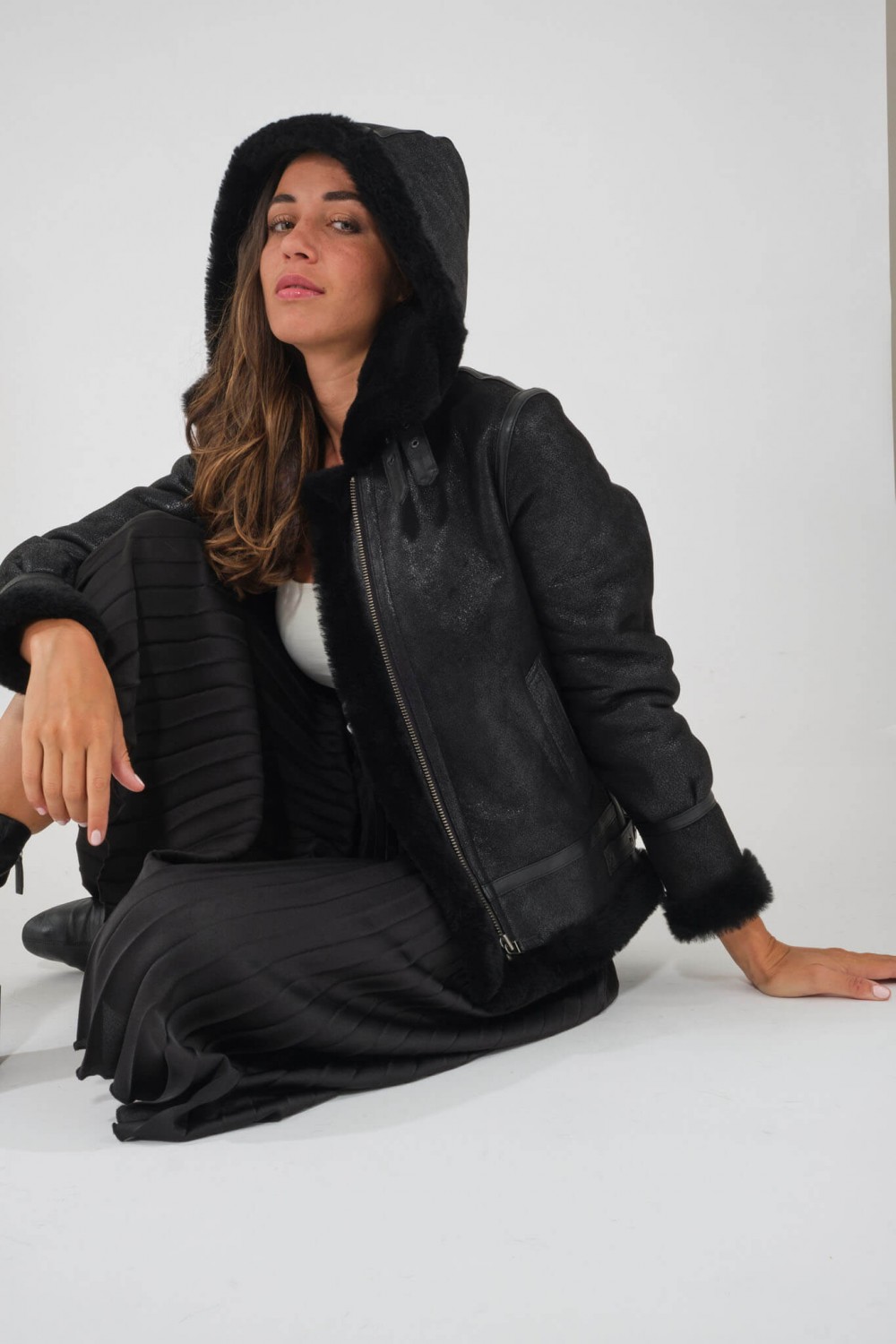 Blouson Bombardier REDSKINS En Mouton Retourné - Taille 3XL - Noir - Capuche Amovible - Occasion Très Bon État