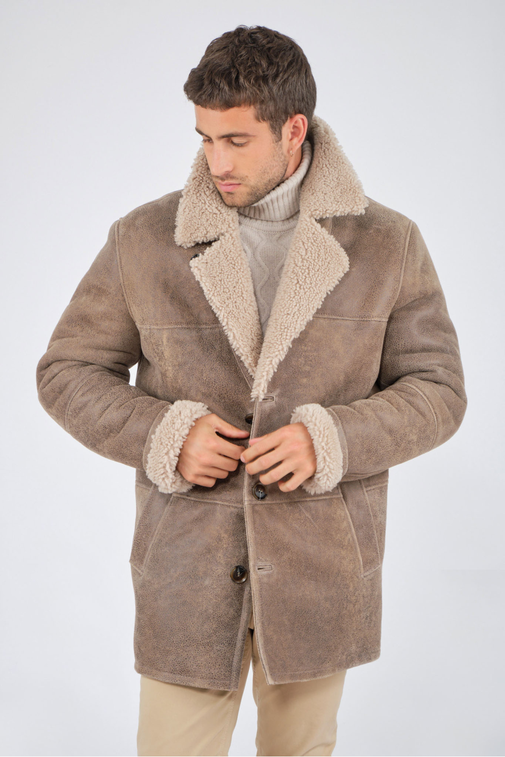Veste En Cuir Véritable Mouton Peau Lainée - Couleur Taupe/marron - Taille L Pour Femme - Occasion Très Bon état
